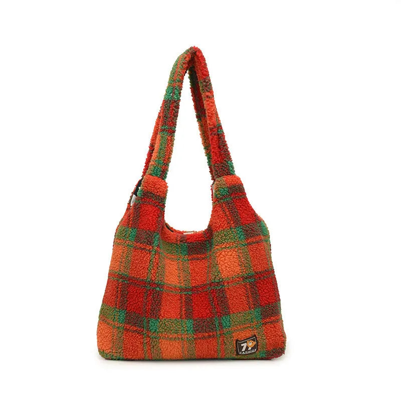 Women's plaid shoulder crossbody tote bag in Army Green colour showing soft plush material and underarm strap design