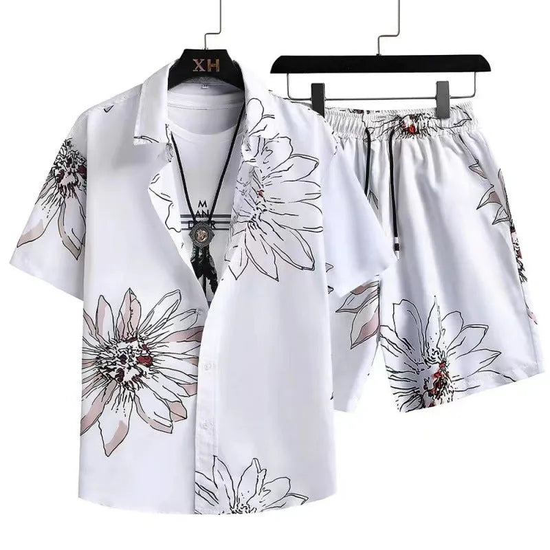 Men's casual suit set with digital printed shorts and short sleeve cardigan in polyester elastic fabric