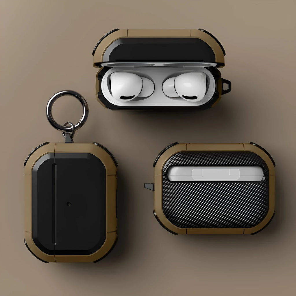 Black TPU and PC protective shell case for Apple AirPods 1, AirPods 2, and AirPods Pro.
