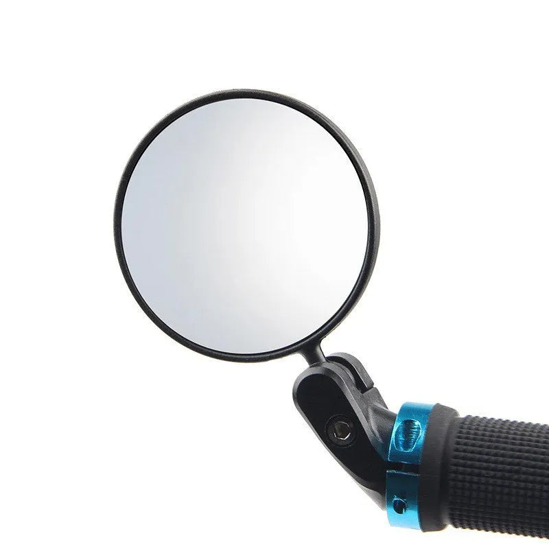 Black foldable convex rearview mirror showing 7cm reflector and 14cm adjustable mounting bracket