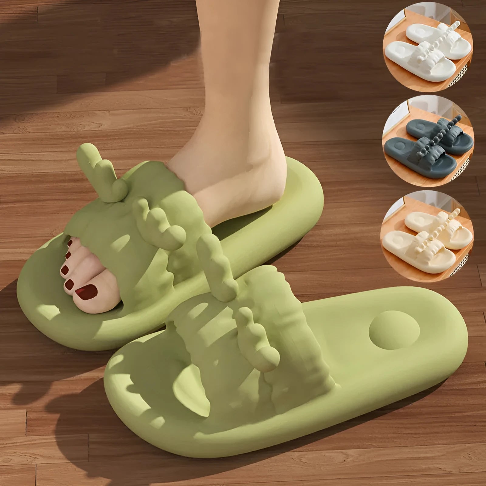 Women's light yellow EVA flip flop slippers with deer horn design and hollow-out upper on a plain background.