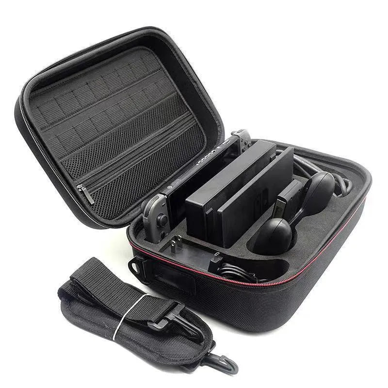 Black EVA game console accessory storage bag shown in two size options.