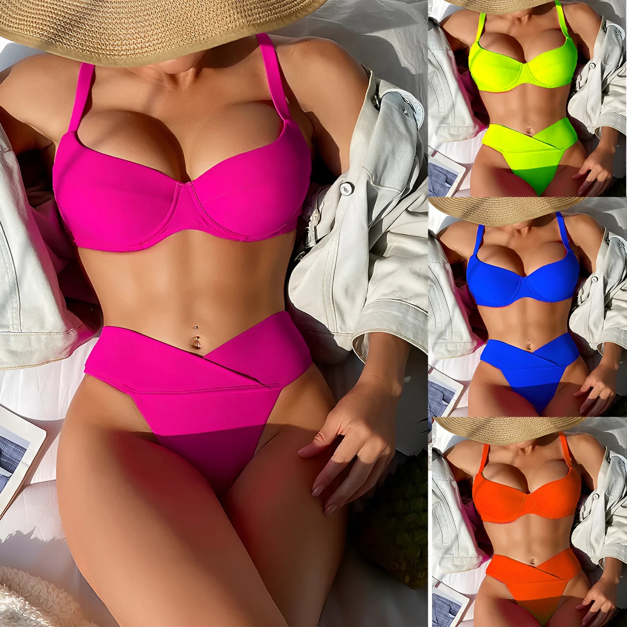 Women's solid colour sleeveless bikini swimsuit set with bra and briefs on a mannequin