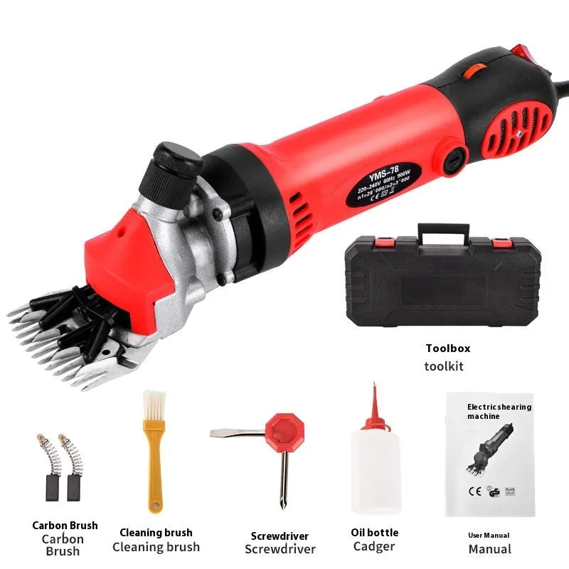 Yellow electric wool shearing machine with 110V plug and multiple cutter sets in plastic case