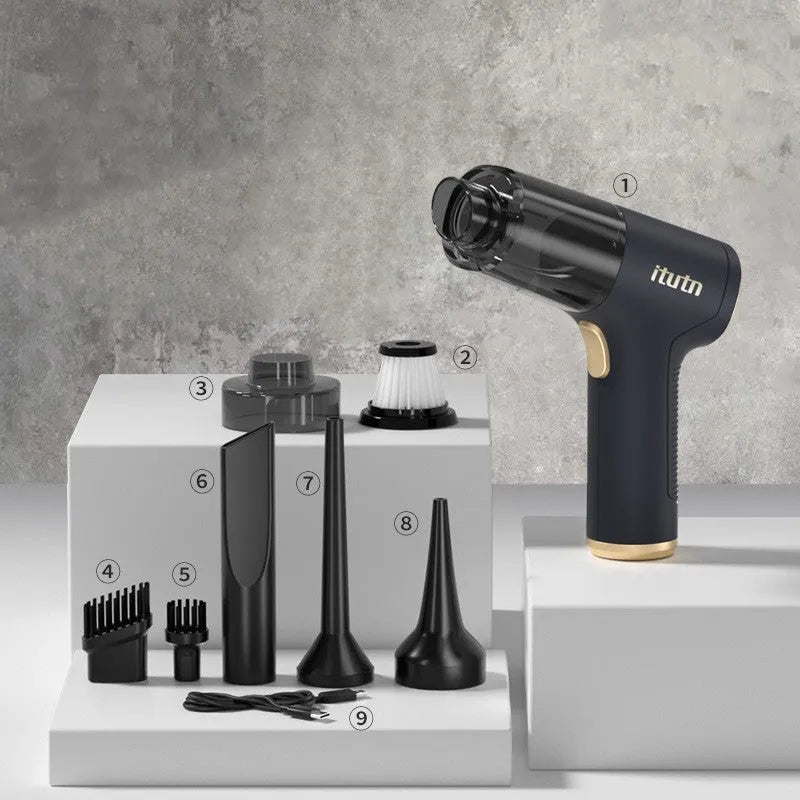 Black wireless handheld vacuum cleaner with nozzle attachments for car and home cleaning