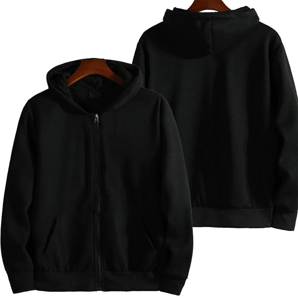 Men's solid colour loose-fit zipper jacket in polyester fabric on a hanger.
