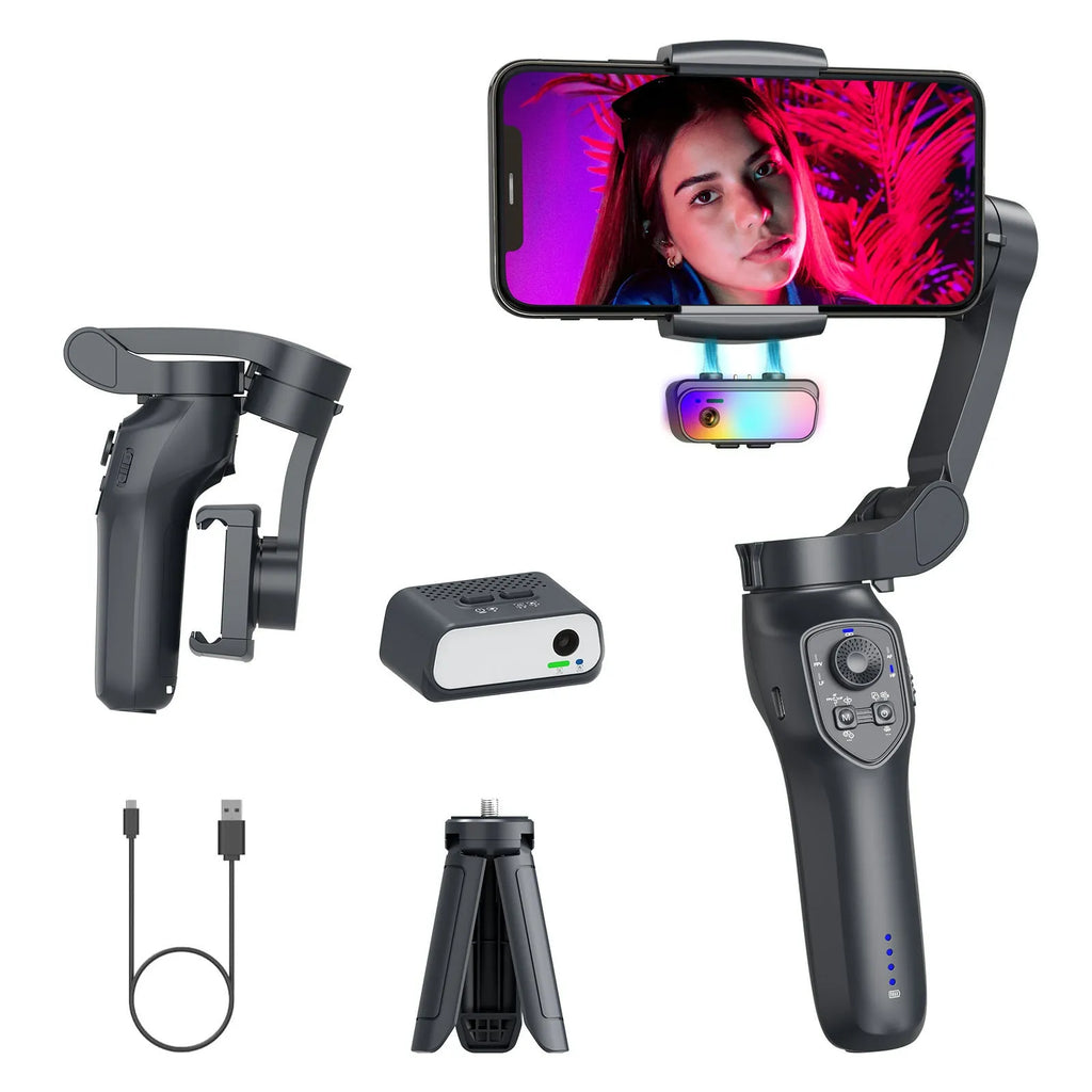 RK series foldable handheld smartphone video stabiliser in L7Cpro gun colour on a table.