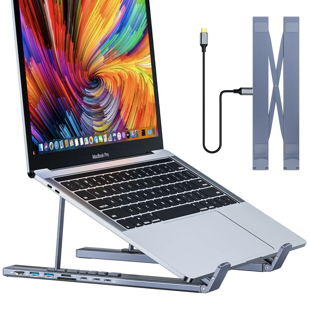 Aluminium folding laptop stand with built-in 8-in-1 docking station hub and HDMI port