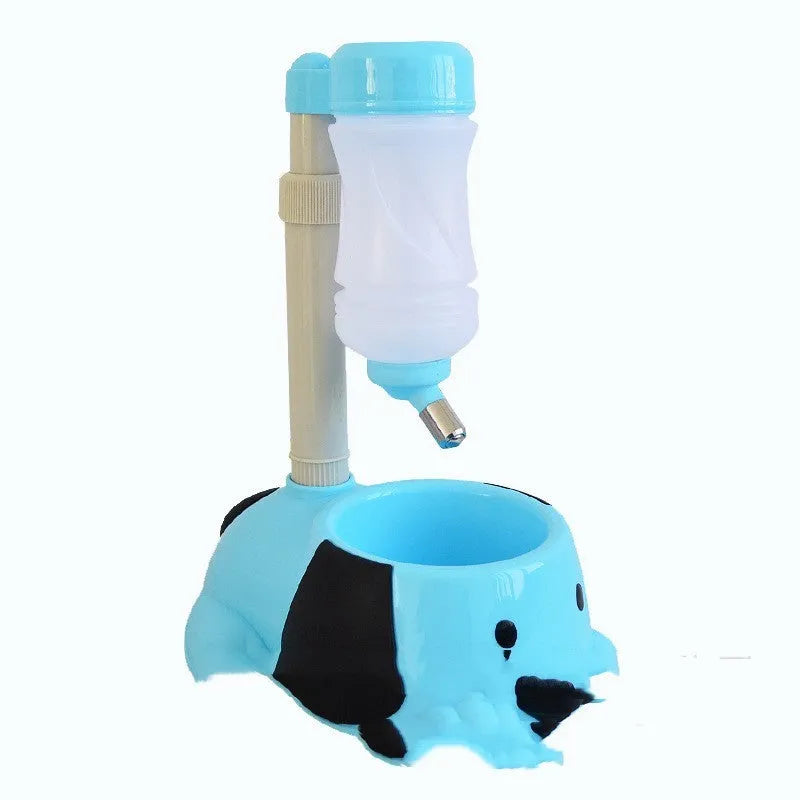 Adjustable rod-lifting plastic pet drinking bowl in blue, shown at an angle to display height mechanism.