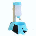 Adjustable rod-lifting plastic pet drinking bowl in blue, shown at an angle to display height mechanism.