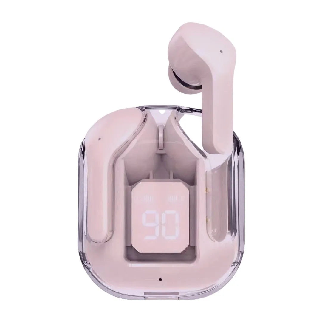 Transparent space capsule case Bluetooth headset with digital display screen showing battery level
