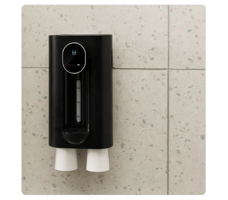 Automatic mouthwash dispenser in milky white with two magnetic cups, wall mounted in bathroom, 540ml visible tank