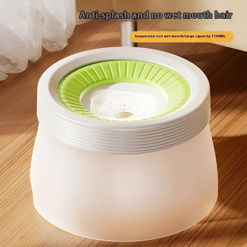 Green suspension water bowl for dogs and cats with non-wet mouth design on white background