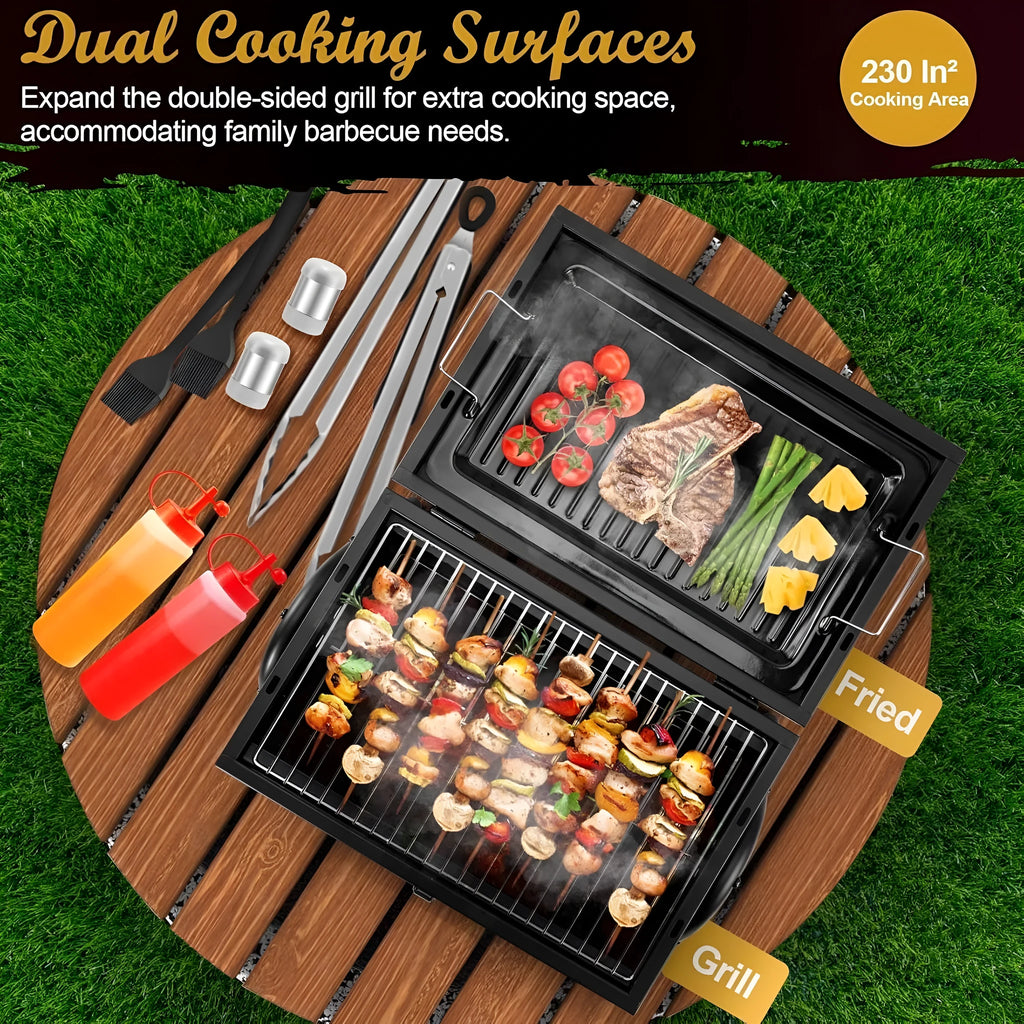 Small metal folding desktop barbecue grill with charcoal fuel bed.