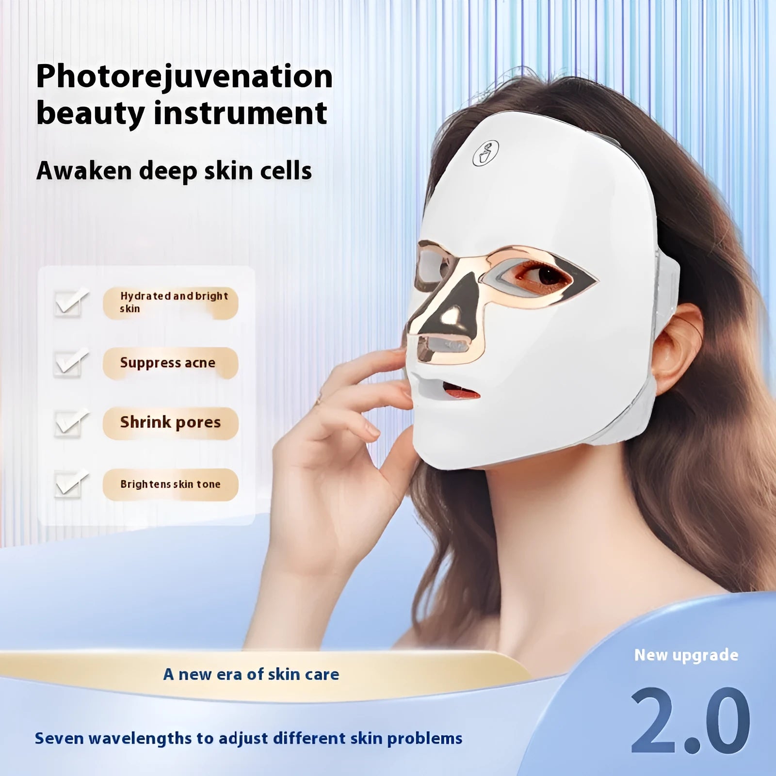White rechargeable LED beauty mask with manual touch controls for facial skin treatment