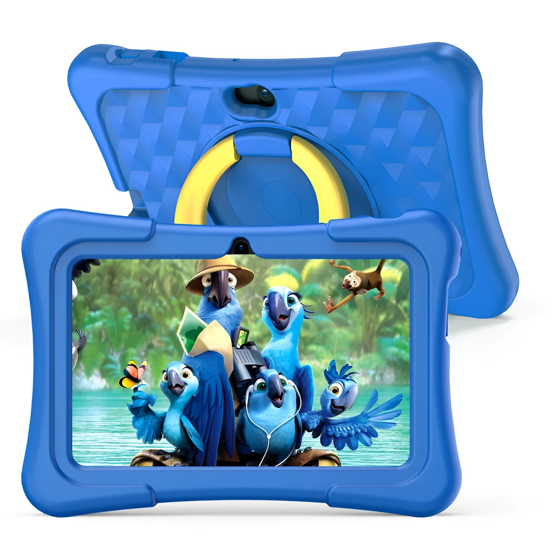 Blue children's educational tablet with a silicone protective cover and a white rotating handle bracket attached.