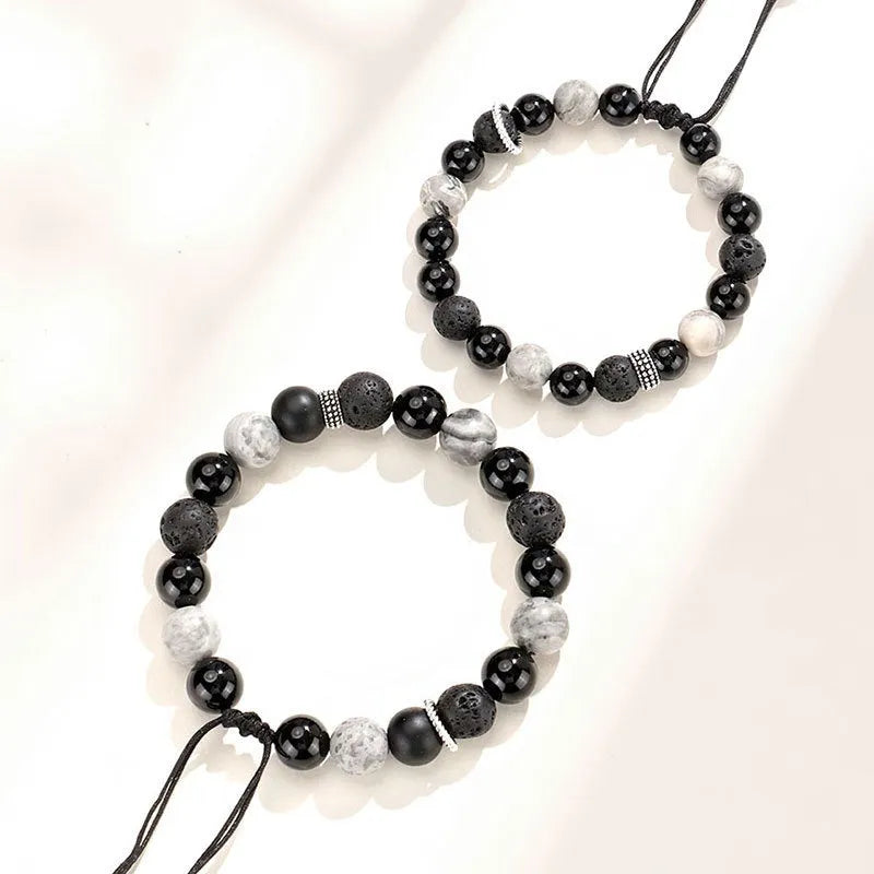 Black agate map stone and volcanic rock unisex bracelet with diamond-shaped beads, electroplated finish, 8mm and 10mm options