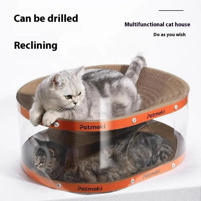 Transparent white PVC cat scratch board and tunnel nest with diamond pattern design