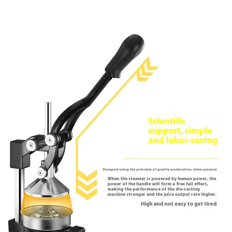 Cast iron manual citrus juicer with stainless steel funnel showing black finish