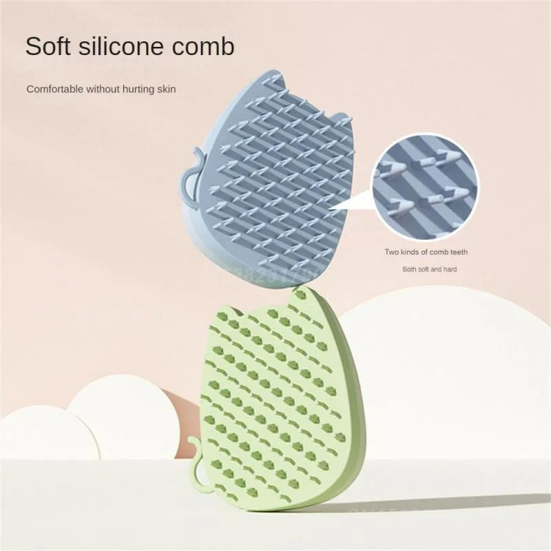 Brown silicone pet grooming comb with dual bristle design for cats and dogs on white background