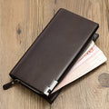 Men's long black PU leather zipper wallet showing multifunctional design.