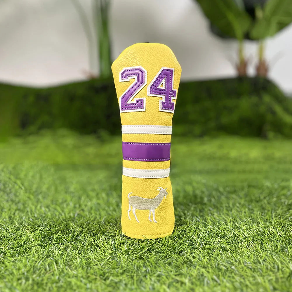Set of PU golf club head covers in various colours including red, black, white, and yellow sleeves for woods and a square putter