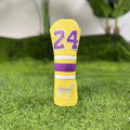 Set of PU golf club head covers in various colours including red, black, white, and yellow sleeves for woods and a square putter