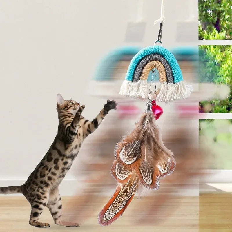 Cat toy with feather rope hanging from door using elastic and sticky buckle clamp, available in Blue, Green, and Pink