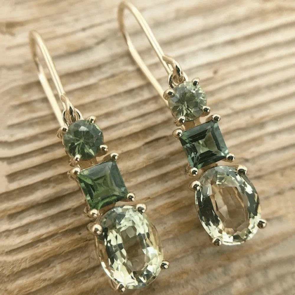 Green geometric copper drop earrings with quadrilateral design for bohemian retro style