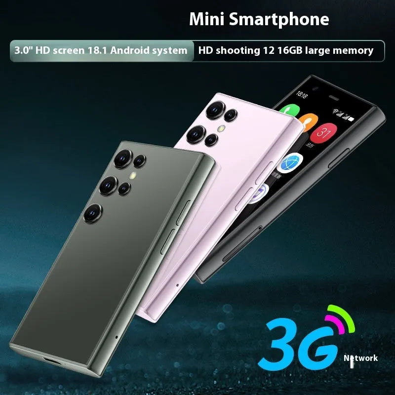 S23PRO XS15 mini smartphone in black, green, or pink purple colour showing straight plate design.