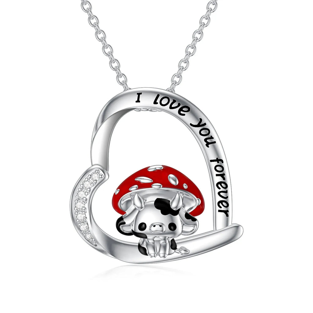 925 sterling silver cow necklace with mushroom hat pendant on love heart, silver, 18-inch cable chain