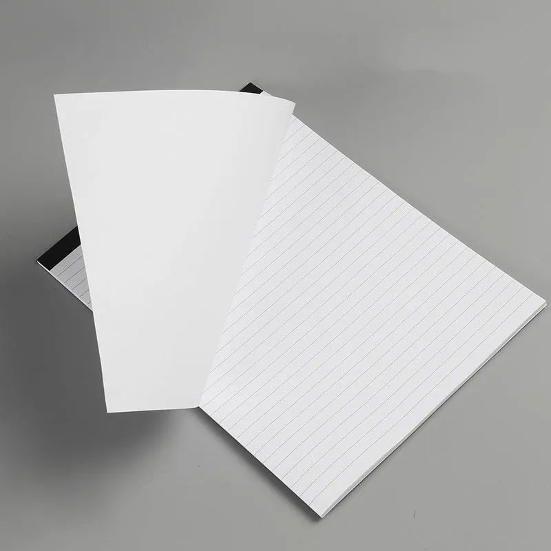 A4 size tearable notebook with ivory grid paper and a simple paper cover, shown next to an A5 size option.