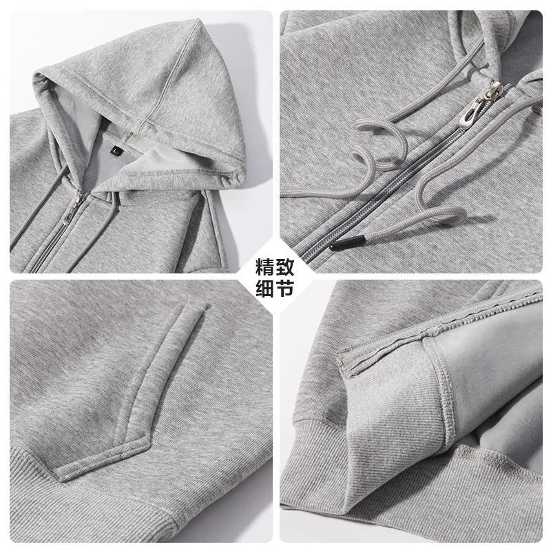 Man wearing a beige heavyweight zip-up hooded sweater, showing the front zip, hood, and top-stitch pocket detail.