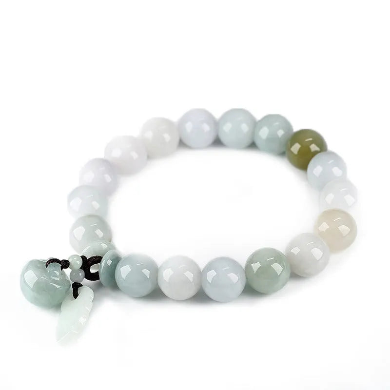 Natural emerald green jade hanging bracelet with Maitreya Buddha design on a geometric shape.