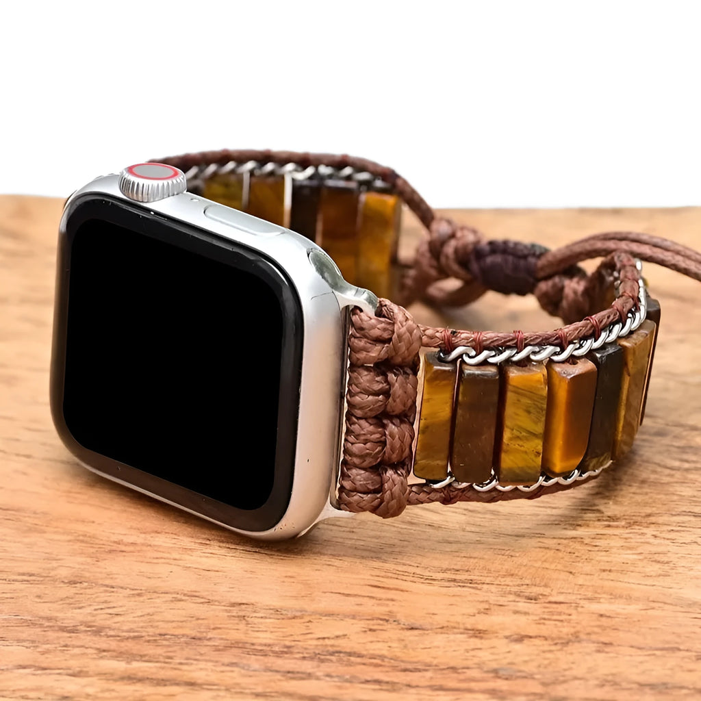 Men's textile watch strap with rectangular tiger eye stone centrepiece, adjustable length for 38-41mm and 42-45mm watches