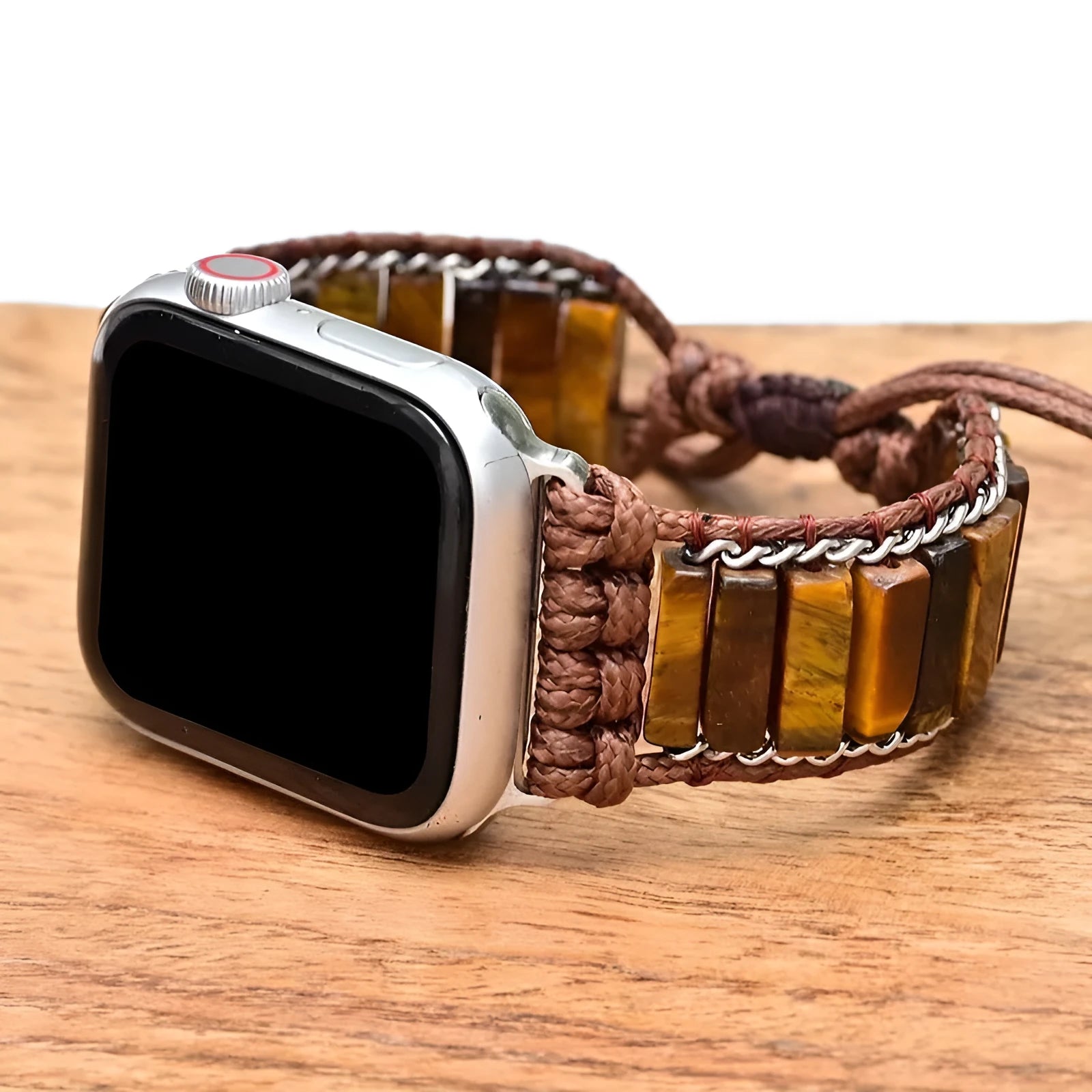 Men's textile watch strap with rectangular tiger eye stone centrepiece, adjustable length for 38-41mm and 42-45mm watches