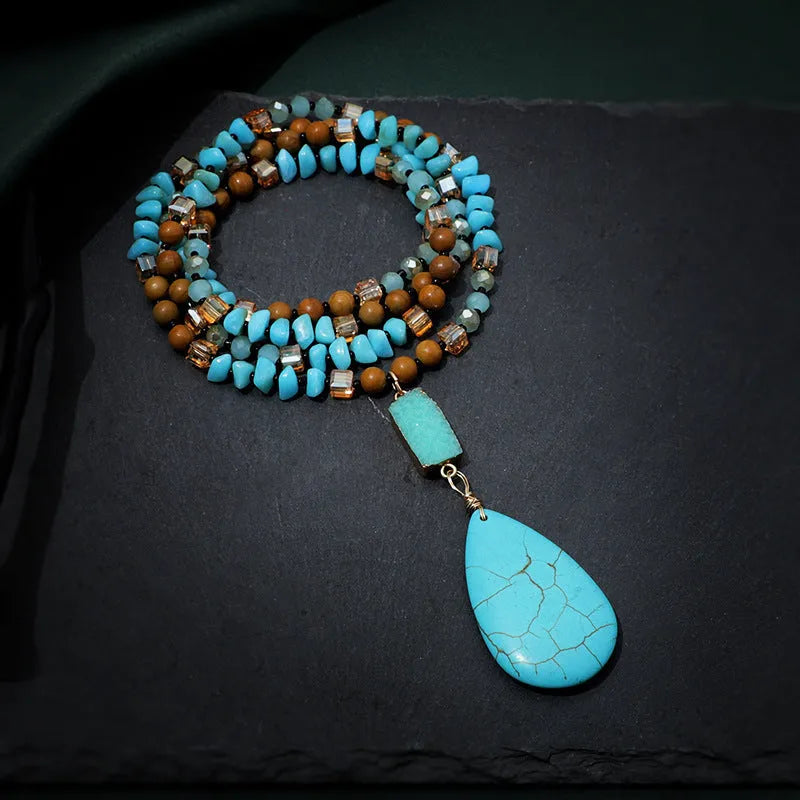 Turquoise blue heart pendant necklace with mixed gem inlay on ball bead chain