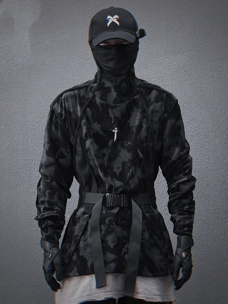 Men's black tie dye finger turtleneck sweater with drop-shoulder sleeves