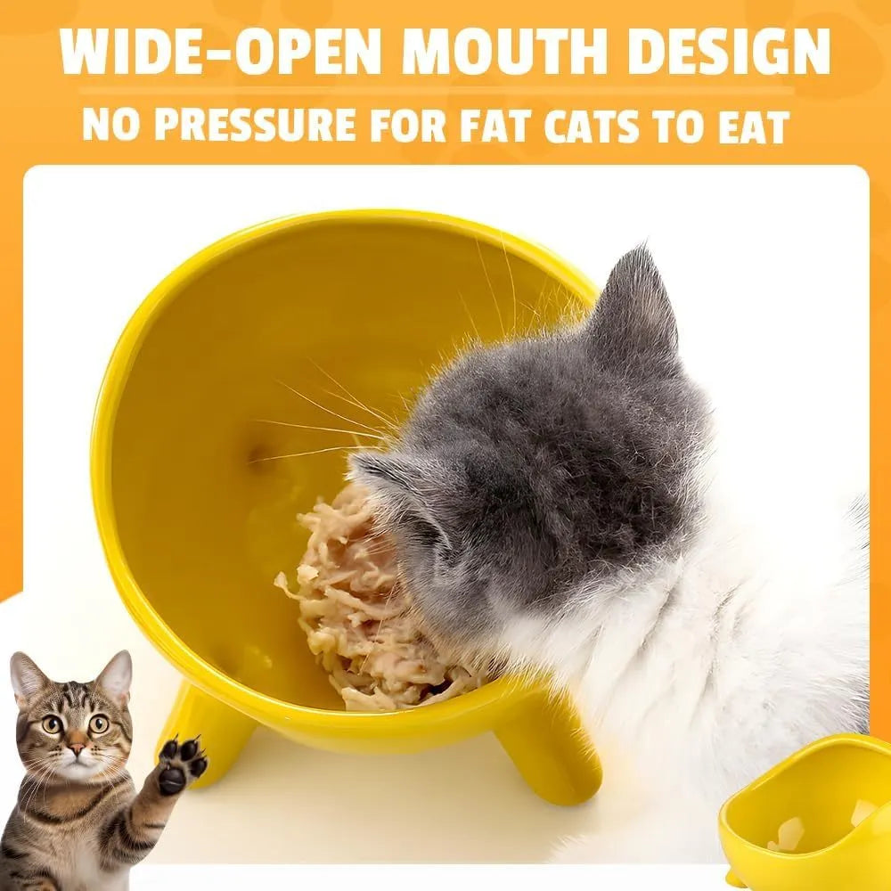 Ceramic cat food bowl with four legs, rounded arc shape, in green or yellow, small and large sizes