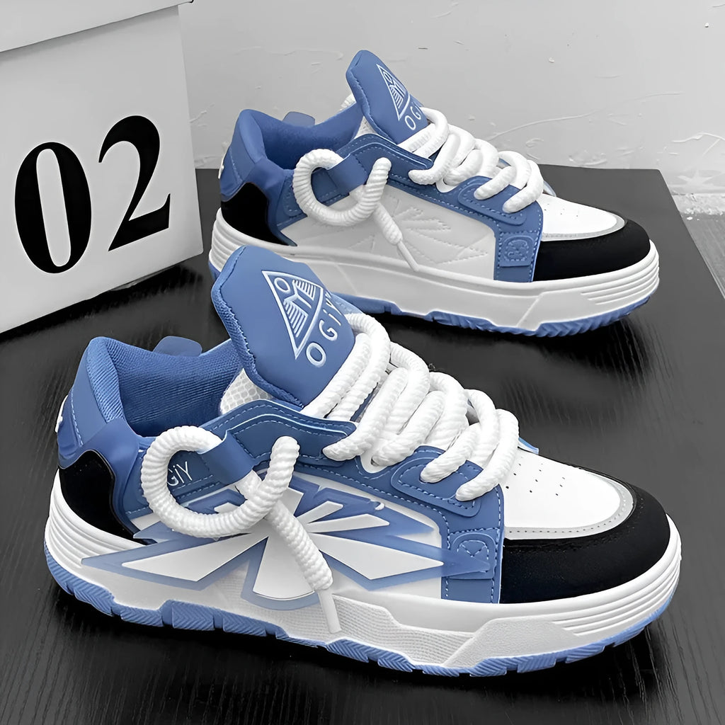Men's white chunky Harajuku-style sneakers with thick rubber sole and lace-up front.