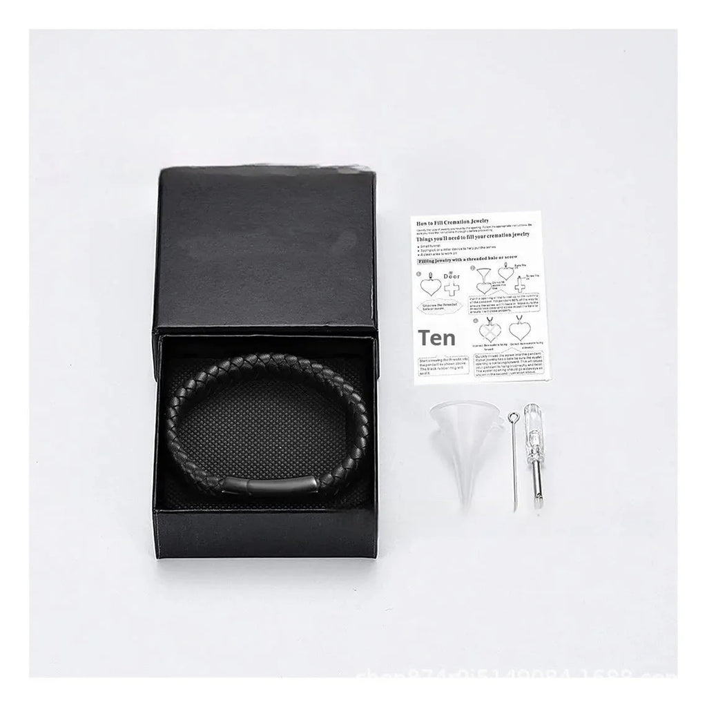 Black leather and stainless steel casket bracelet with weaving texture and English letter engraving