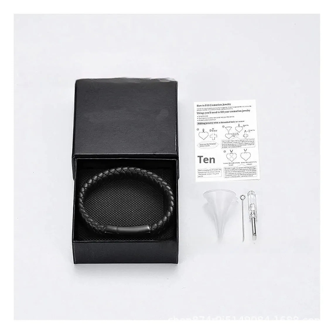 Black leather and stainless steel casket bracelet with weaving texture and English letter engraving