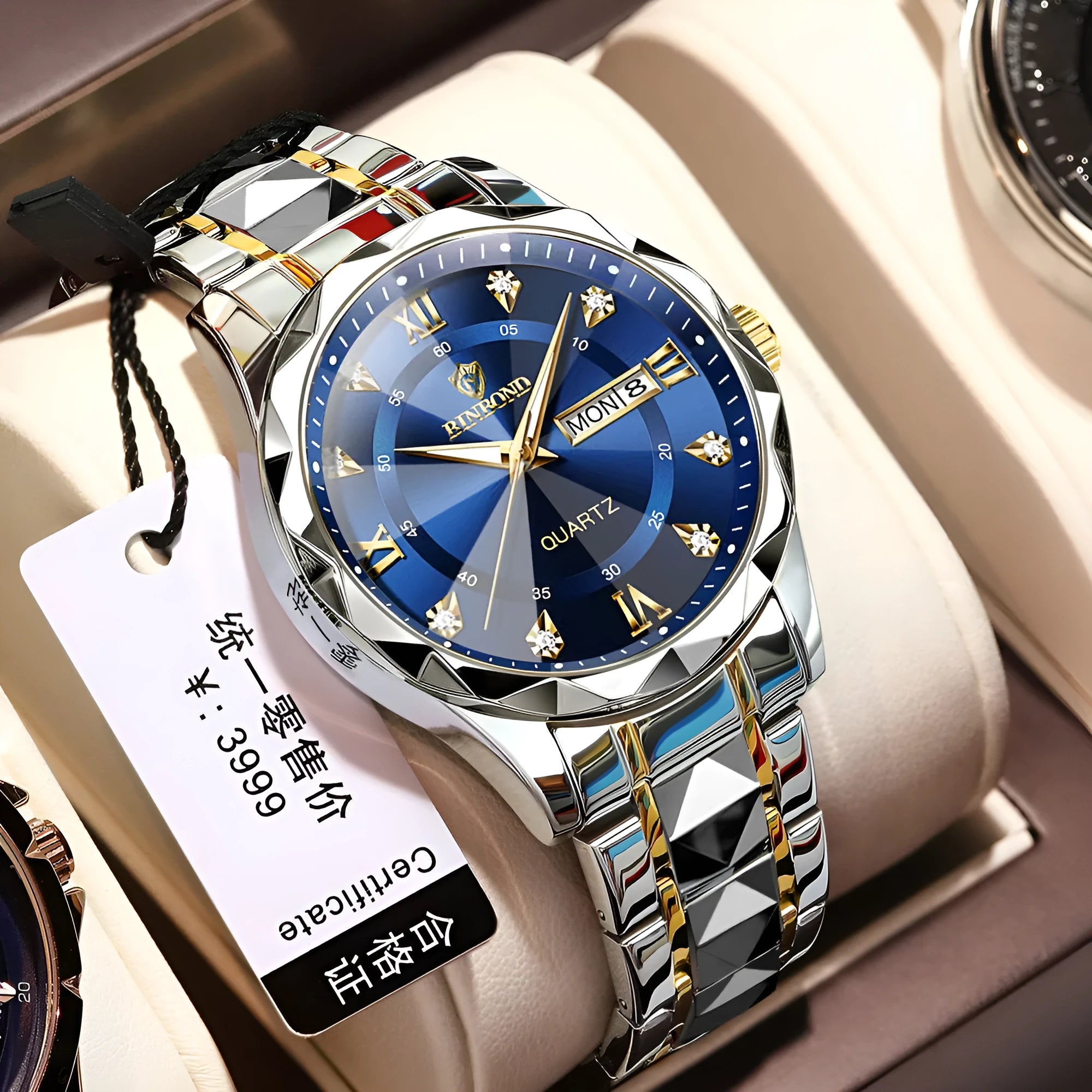 Men's quartz watch with luminous dual calendar display, 43mm metal case, and steel band on a white background