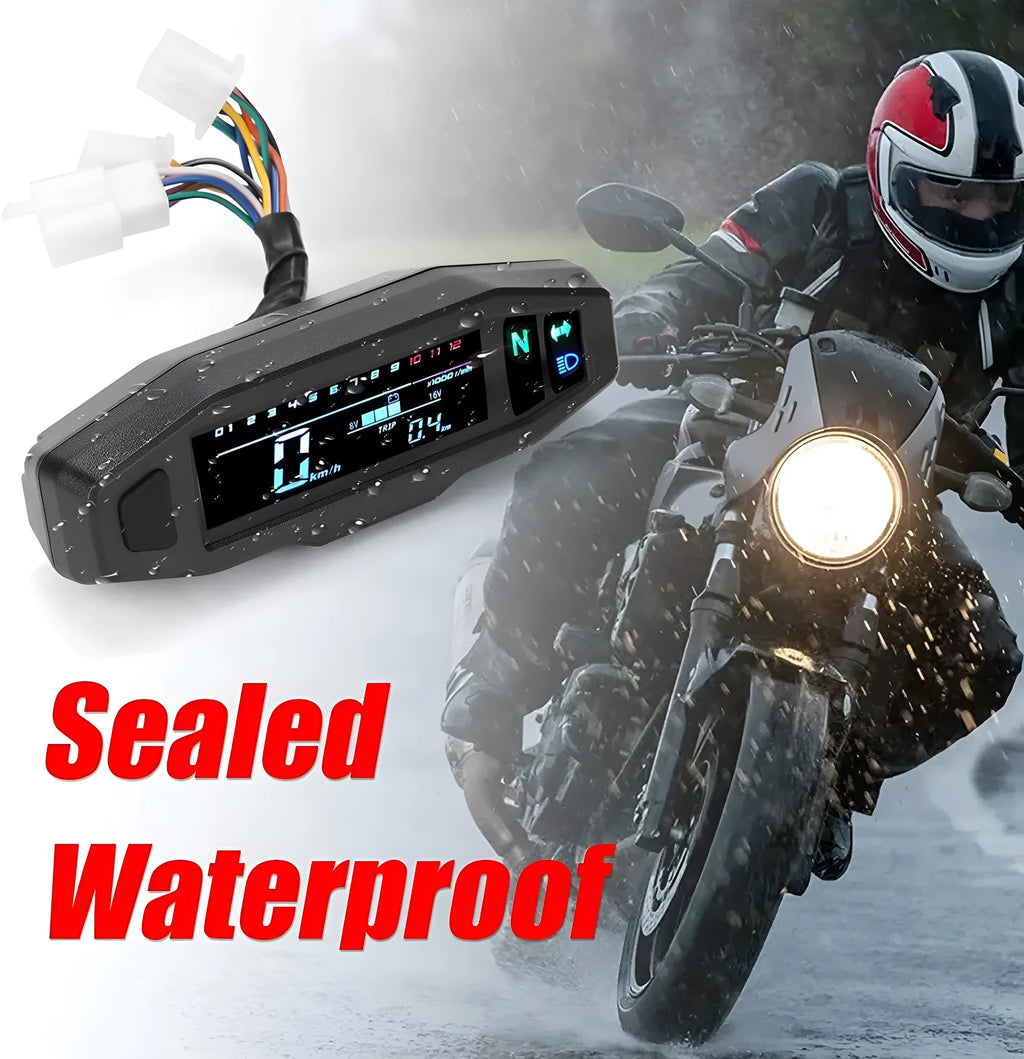 Black motorcycle mini speedometer LCD gauge showing speed, RPM, and oil level on backlit display.