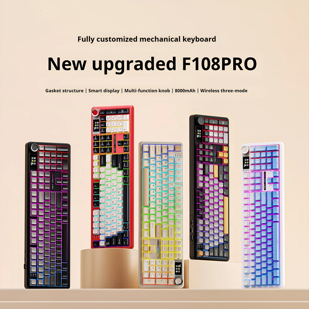 Tarantula F108pro wireless mechanical keyboard in selected colour with 108-key layout and USB cable.
