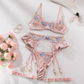 Light purple satin lingerie four-piece set with mercerized embroidery on a white background