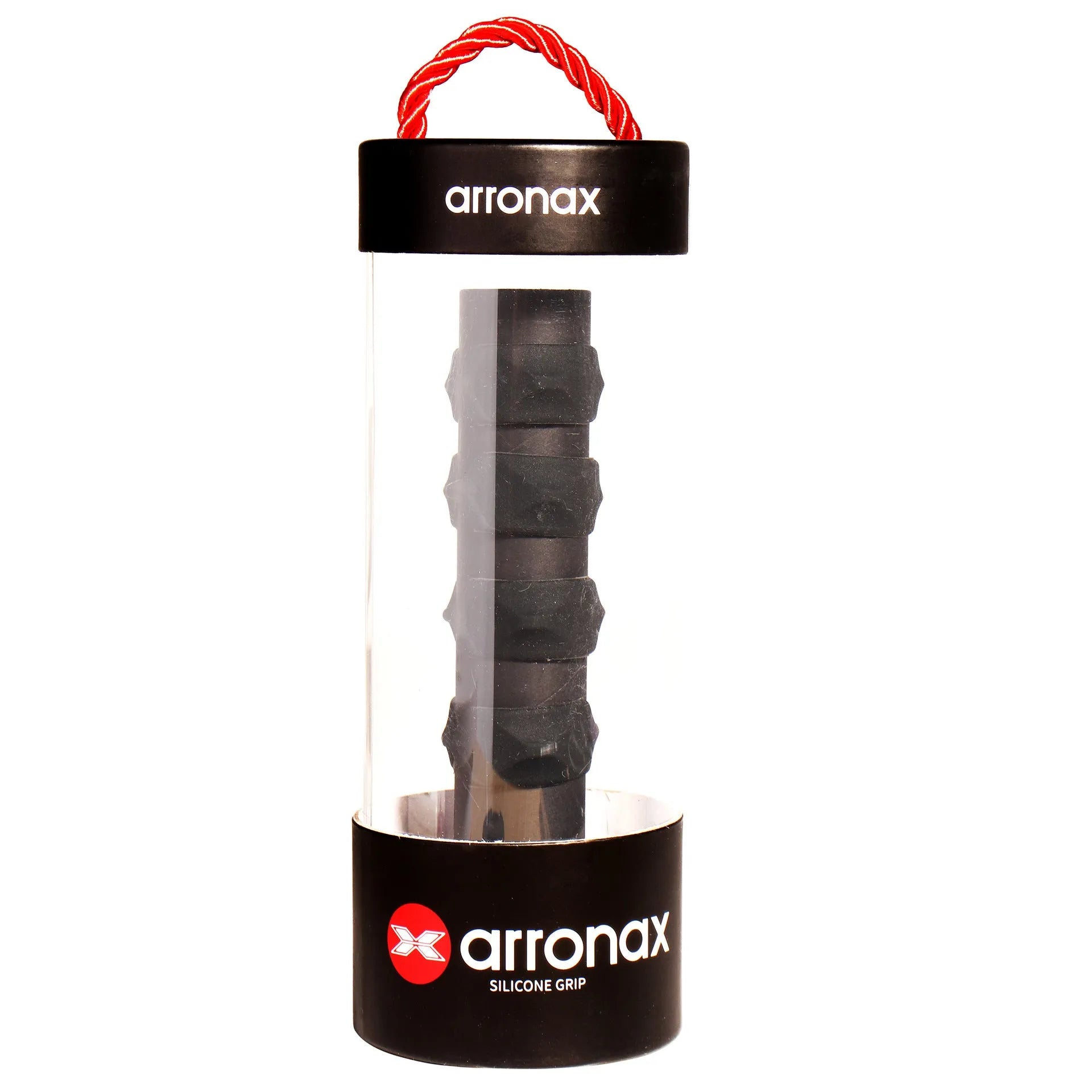 Peak racket silicone hand rubber buckle in multiple colours next to a tennis racquet.