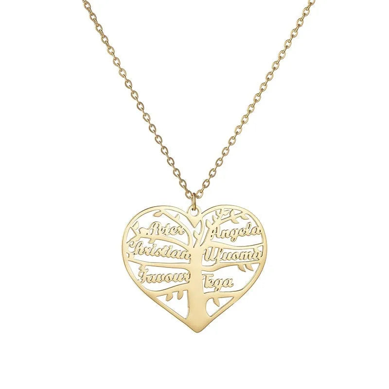 Personalised stainless steel necklace with a custom name pendant shaped as a tree inside a hollow heart on an adjustable chain.