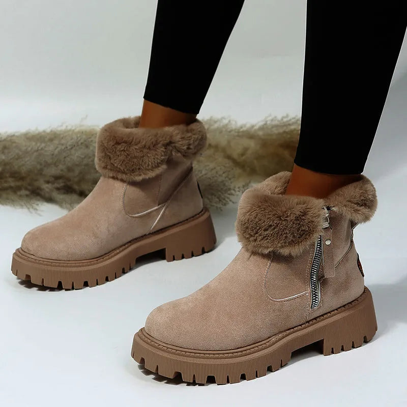 Women's black thick plush snow boots with faux suede upper, side zip, and non-slip rubber sole.