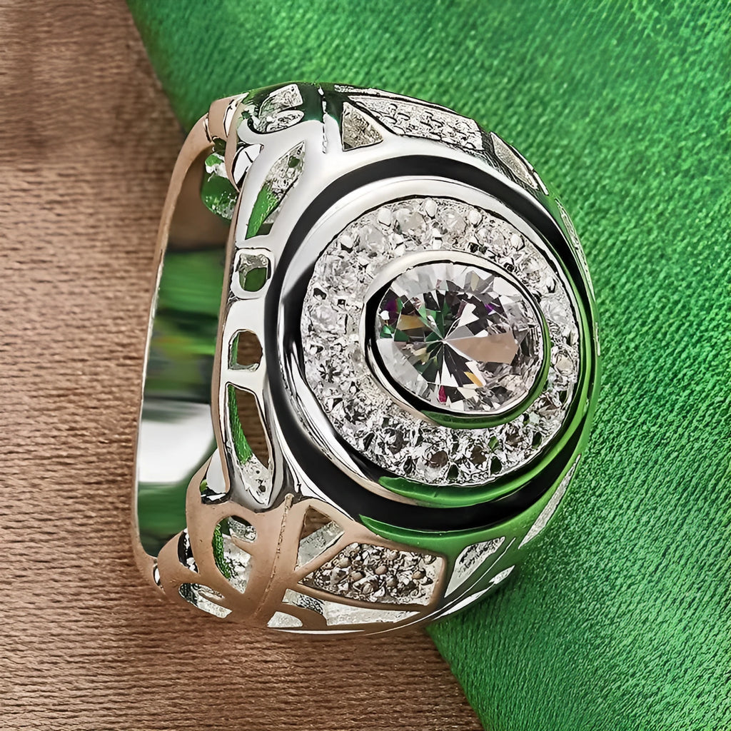 Round zircon silver electroplated copper ring on finger, available in sizes No 6 to No 10